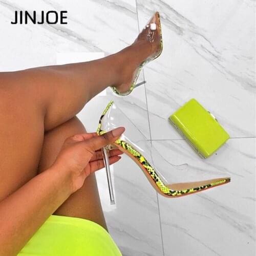JINJOE New Sexy Green Serpentine PVC Transparent Crystal Female Sexy Pumps High Heels 12CM Party Dress Women Pumps Shoes