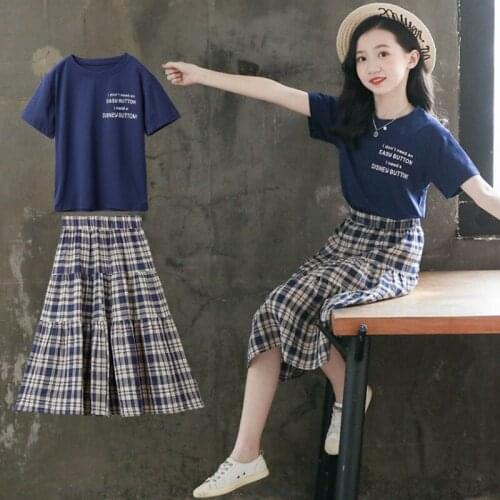 Fashion Girls Summer Clothes Suit 2021 Kids Short Sleeved T-shirt +Plaid Skirt 2pcs Teenage Girl Clothing Outfit 6 8 10 12 Years