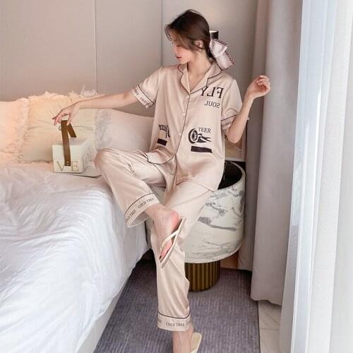 Fashion Women Pajamas Ice silk trousers Pajamas High Quality Short Sleeve Pajamas Home Wear Sets silk Two-piece Cardigan Pajamas