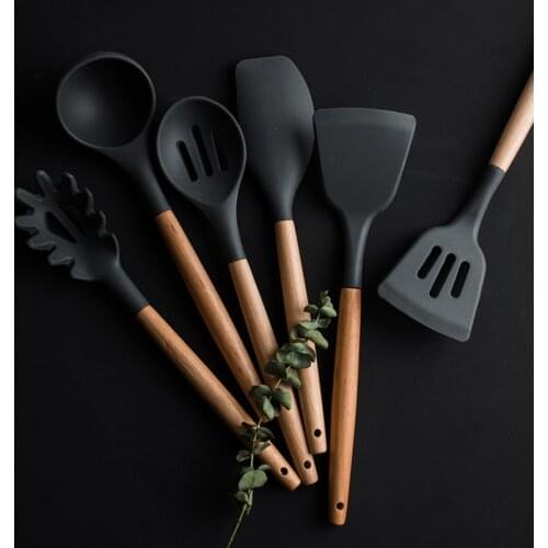Silicone Cooking Utensils Set 8 Piece Cooking Tools Set Wood Handle Silicone Spatula Scraper Turner Soup Spoon Ladle Cookware