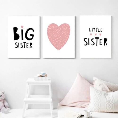 Pink Heart Big Sister Quotes Wall Art Poster Baby Nursery Canvas Painting Nordic Art Print Picture Kids Girls Bedroom Home Decor