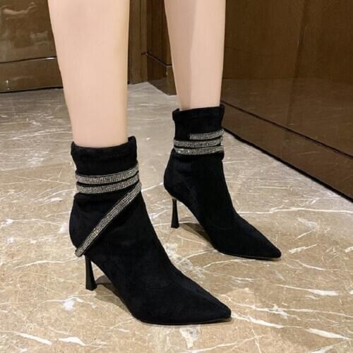 2020 autumn and winter new sexy pointed toe collocation rhinestone womens boots trendy stretch fabric 9CM high heel boots