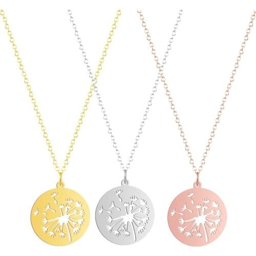 Kinitial Punk Plants Dandelion Disc Necklace For Women Stainless Steel Geometric Round Pendant Necklace Chain Jewelry Female