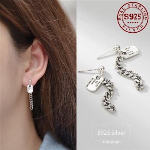Earrings for Women Real 925 Sterling Silver Prevalent Chains Letter Square Nameplate Women Drop Earrings Silver Jewelry