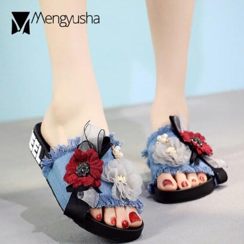 Lace flower summer cool slides girls sweet camellia fringe 4 colors denim slippers woman bling bling cozy slip on shoes mujer