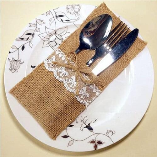 Wedding Table Decoration/table Decorationaccessories Burlap Silverware Holders/country Wedding Jute Lace Pouch Cover 100pcs