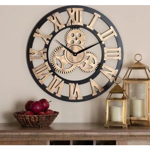 [ONLY FOR FRANCE USER] Wooden Loft Industrial Machinery Wind Gear Wall Clock Retro Hollow Living Room Decoration Mute Clocks