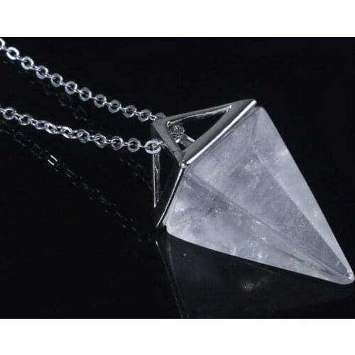 Trendy-beads Silver Plated Natural Healing Rock Crystal Square Pyramid Reiki Pendulum Pendant Link Chain Necklace Charm Jewelry