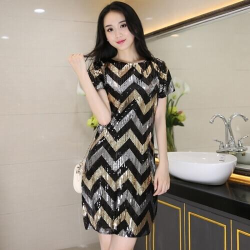 Vintage A-Line Geometric Short Sleeve Elegant Round Neck Wave Black White One Size Sequin Party Cocktail Dress