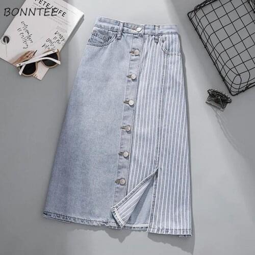 Skirts Women Summer Fashion Side-slit Patchwork Striped A-line Denim High Waist All-match Korean Style Streetwear Vintage Lady