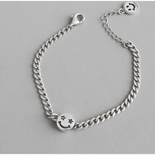 925 sterling silver bracelets for women,round smile face Pentagram star link Vintage chain,party engagement bridal bands jewelry