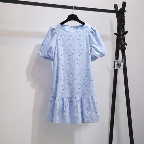 2021 New Women Summer Hollow Out Dress Casual Loose Puff Sleeve Ruffles Office Dress Korean A-line Solid Streetwear Short Dress