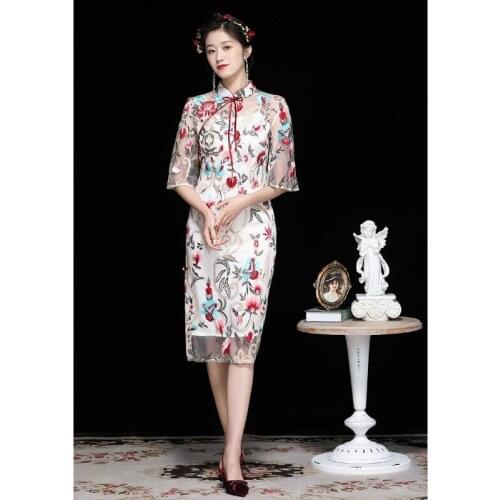 Women Elegant Dress Chinese Style Fine Clothing 2021 Spring Summer Exquisite Embroidery Stand Collar Slim Split Cheongsam Dress
