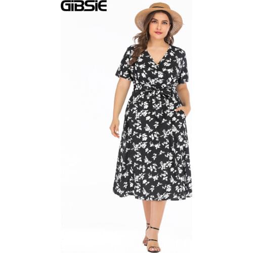 GIBSIE Surplice Neck Casual Belted Dress Summer Holiday Boho Print Women Long Dresses 6xl 5xl Plus Size Pocket A-Line Dress