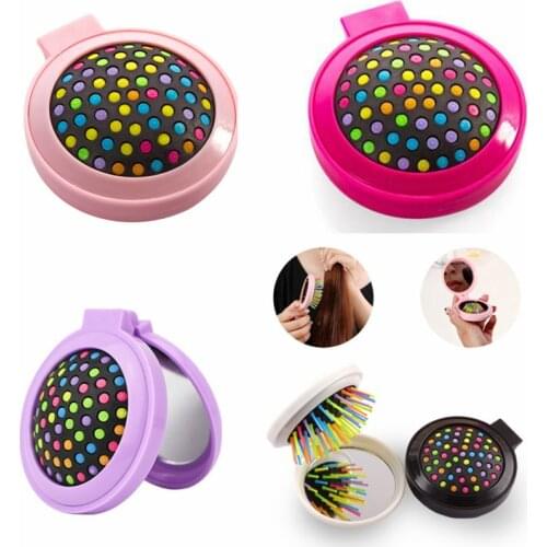 NEW 1PC Portable Mini Folding Massage Comb Airbag Massage Round Travel Hair Brush With Mirror Cute Anti-static Rainbow Comb