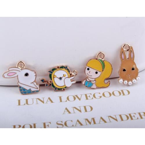 10pcs DIY clock enamel Alice in wonderland charms for bracelet, fashion metal girl bunny rabbit pendants jewelry making findings
