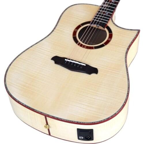Full Flame Maple Wood Body Acoustic Guitar 41 Inch Sharp Angle Design 6 Strings Folk Guitar Natural Color with Guitar Pickup