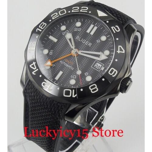 BLIGER PVD 41mm Self Winding Men Watch Sapphire Glass GMT Function Date Window Ceramic Bezel Rubber Strap