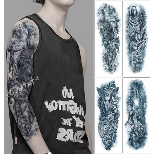 Large Arm Sleeve Tattoo Warrior Elephant Lion Waterproof Temporary Tattoo Sticker Pigeon Rosary Angel Men Full Totem Tatoo