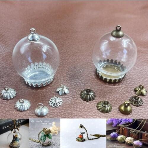 35x25mm Big glass round ball shape diy micro landscape glass bottle necklacce pendant with crown base and cap glass cover dome