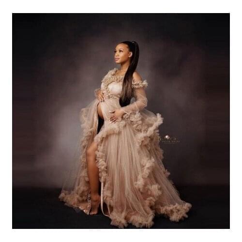 Classic Extra Puffy Maternity Gowns Long Sleeves V Neck Front Split Ruffles Tiered Long Women Pregnancy Dresses Photo Shoot