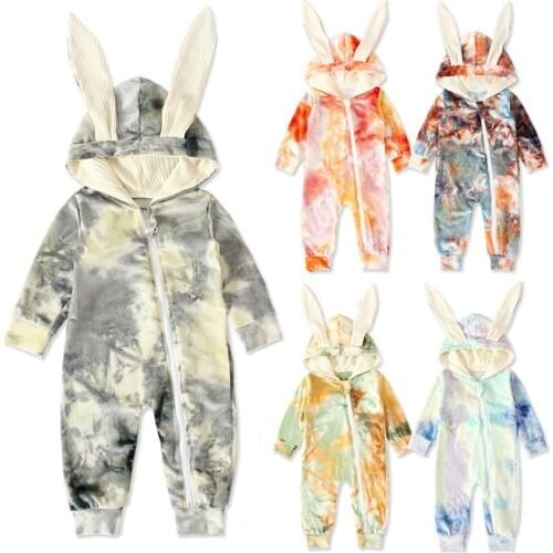 2020 Autumn Toddler Baby Girl Rompers Cute Hoodie Rabbit Long Sleeve Tie Dye Cotton Zip Up Jumpsuit Playsuit Infant Fall Clothes