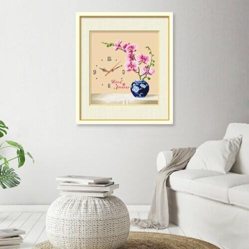 Printing cross stitch wall clock send clock core Vintage color canvas purple flower vase embroidery needlework sets