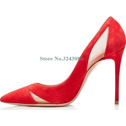 New Pointed Toe Faux Suede Thin High Heel Pumps Mesh Hollow Out Shallow Pumps Red Black Slip On Stiletto Heel Women Basic Shoes