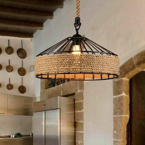 New E27 Hemp Rope Hanging Lamp Vintage Pendant Lamp Ceiling Light, Retro Antique Industrial Adjustable Lamp Chandelier Iron Cand