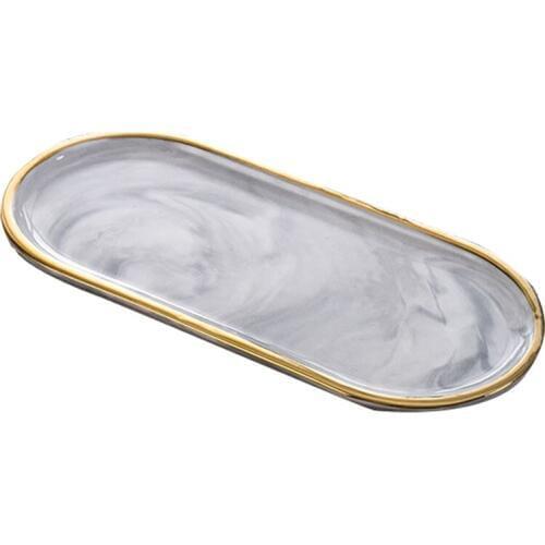 Nordic Style Gold-Plated Oval Plate Creative Ceramic Plate Marbled Western Dish Snack Plate Cake Storage Tray Jewelry Tray Dec