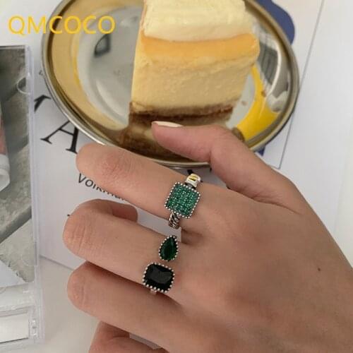 QMCOCO Vintage Green Black Stone 925 Sterling Silver Rings Temperament Personality Fashion Female Resizable Opening Rings