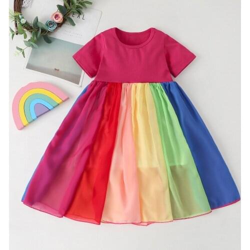 Baby Girls Rainbow Princess Dress For Kids Spring Summer Short Sleeve Tulle Mesh Tutu Dresses Children Holiday Party Costume