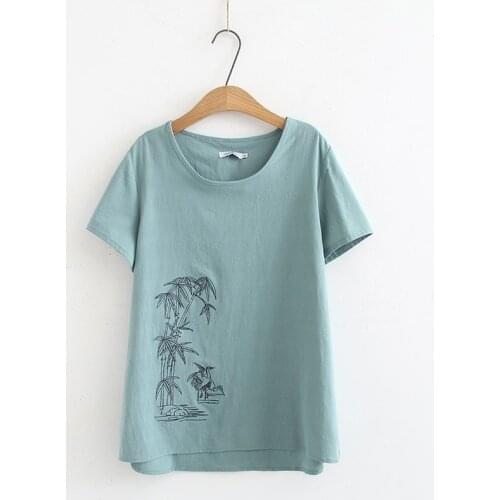 Plus Size Women Full Cotton Summer Tshirts Casual Short Sleeve Vintage Tops Oversized Embroidered Shirts