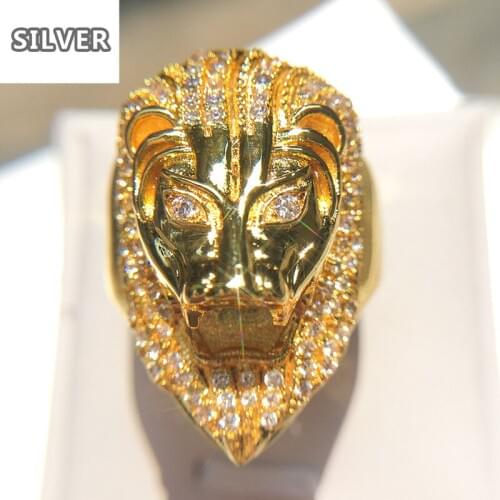 Punk Gothic Domineering Jewelry Rhinestone Iced Bling Lion Head Mens Ring 18KGold Titanium Stainless Steel Rings for Men Jewelry