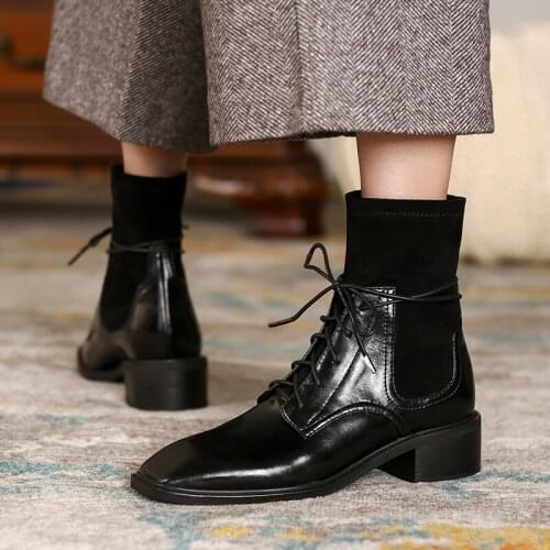 2021 Winter Women Boots Square Toe Ankle Boots Bullock Modern Boots Stretch Retro Women Shoes 4cm heels Genuine Leather