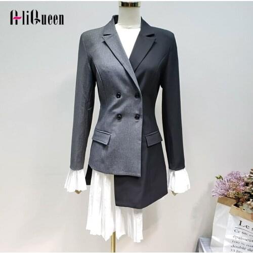 Runway Designer 2019 Autumn Women Blazers and Jackets Female Ruffle Patchwork Hit Color Irregular Long Blazer Ladies Casual Coat
