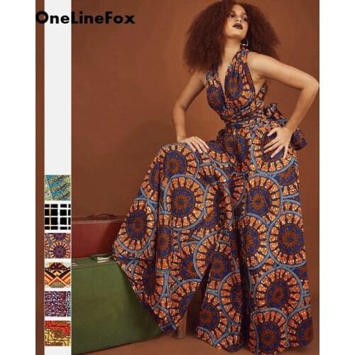 OneLineFox African Style DIY Bandage Jumpsuit Flared Pants Womens Summer Casual Sleeveless Wrap Drawstring Waist Romper