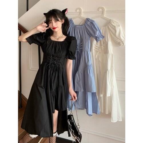 Summer 2021 New Irregular Dress Womens Square Collar Sleeves Waist Sweet Gentle Wind Casual Trend Long Black Dresses Girls M8yi