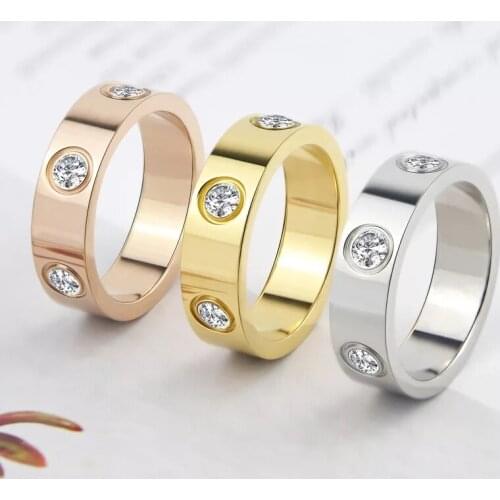 Luxury Shiny Rotating Circle Crystal Ring Stainless Steel Rose Gold Love Ring for Women Engagement Gift Brands Ring