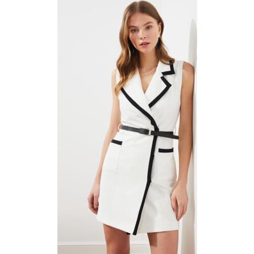 2021 New Season Elegant Fashion Ecru Belted Jacket Dress Above Knee Mini High Quality Dresses Spring Summer Moda Clothes