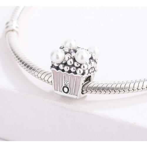 925 Sterling Silver Pink Enamel Delicious Popcorn Pendant Charm Bracelet DIY Jewelry Making For Original Pandora