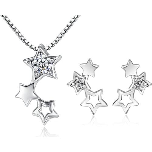 925 Sterling Silver Jewelry Sets Simple Zircon Star Necklace+Earrings For Women Girl Gift