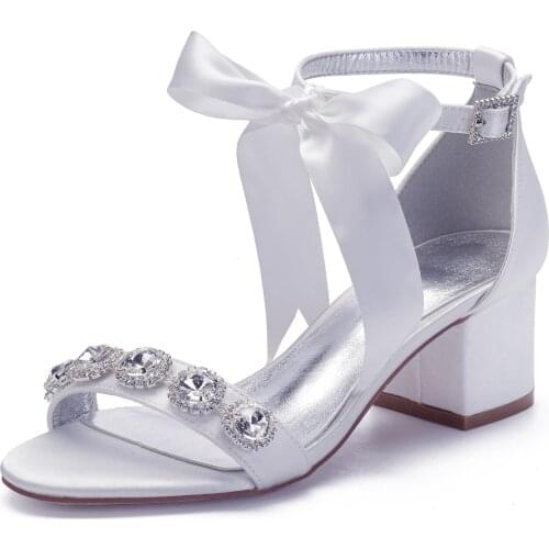 Mid Heels Satin Pearl Wedding Sandals Shoe for Bride Block Heel Open Toe Prom Evening Formal Party Dress Sandals Summer