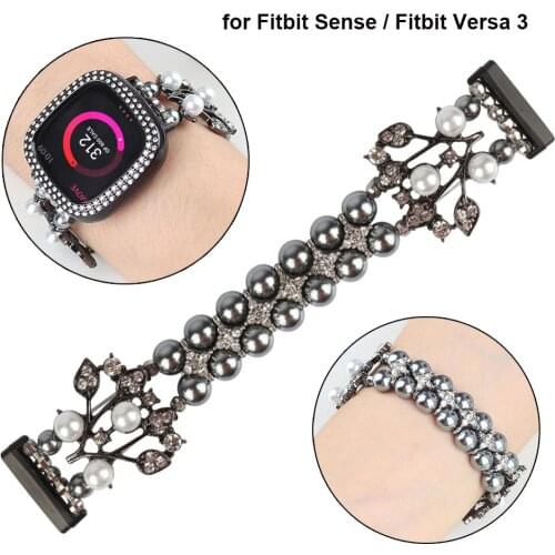 Bling Bands for Fitbit Versa 3 Smartwatch Women Charms Elastic Bracelet for Fitbit Sense Strap Pearl Beaded Jewelry Watchband