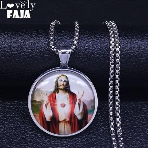 2021 Christian Jesus Stainless Steel Long Necklace for Men/Women Silver Color Round Jewelry collares hombre N5229S03
