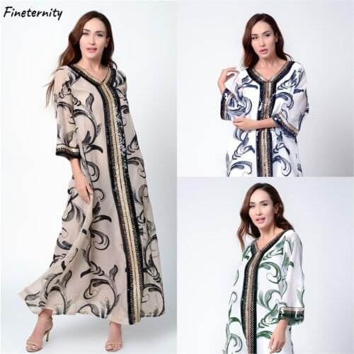 Eid Ramadan Dubai Middle East Muslim Fashion Abaya Sequined Embroidered Robe Kaftan Turkey Indian Islamic Clothing Lady Alabiya