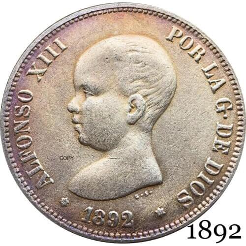 Spain 1892 PG 2 Pesetas Alfonso XIII 1st Portrait The Crowned Spanish Coat Of Arms With Pillars Silver Plated Copy Coin