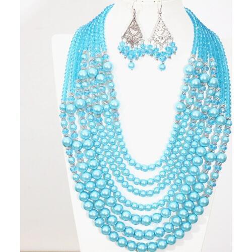 Classic Cute/Romantic Sky Blue 7Rowes Neckalce Earrings Round Shell Simulated Pearl Abacus Crystal Diy Bohemia Jewelry Set B1300