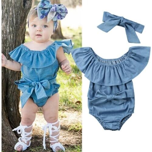 Toddler Baby Girls Romper 2PCS Off Shoulder Petal Sleeve Solid Sashes Bowknot Jumpsuit Headband 0-24M