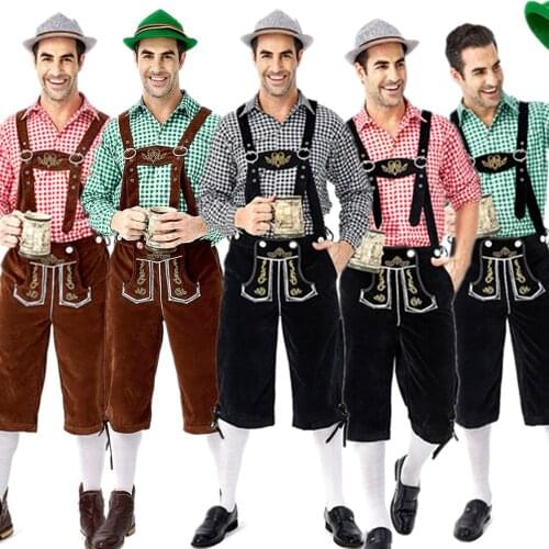 Shirt+Pants+Hat) Oktoberfest Beer Man Lederhosen Costume Halloween Bavarian Carnival Party Deluxe Cosplay Outfit Set